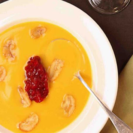 Pumpkin Soup with Cranberry Compote and Roasted Chestnuts