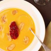 Pumpkin Soup with Cranberry Compote and Roasted Chestnuts