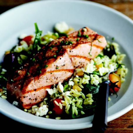 Grilled Salmon with Orzo, Feta, and Red Wine Vinaigrette