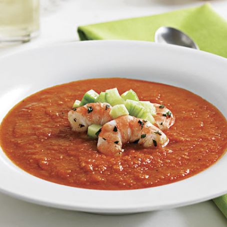 Chilled Red Pepper Soup with Sautéed Shrimp