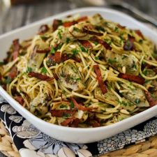 Artichokes, Crisped Salami & Pine Nut Spaghetti with Aglio e Olio