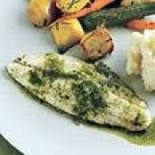 Branzino and Roasted Baby Vegetables with Taragon-Chive Oil