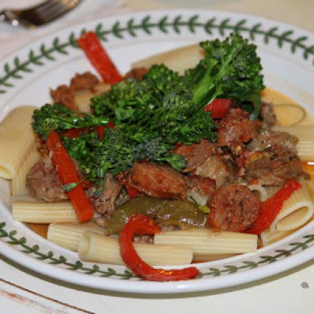 Sausage, Peppers and Broccolini over RIgatoni with Peaches and Blueberries