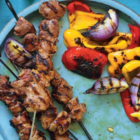 Lemony Grilled Lamb Kebabs with Peppers and Onions