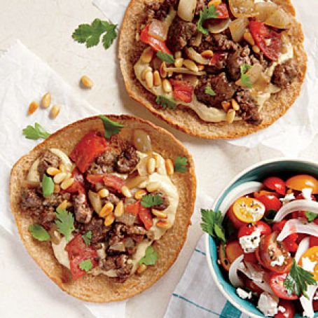 Ground Lamb & Hummus Pita Pizzas