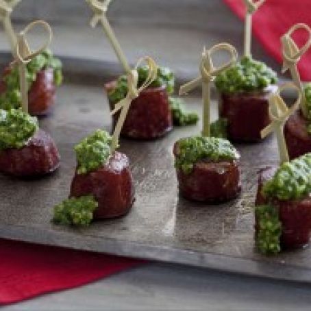 Chorizo Bites with Arugula Pesto