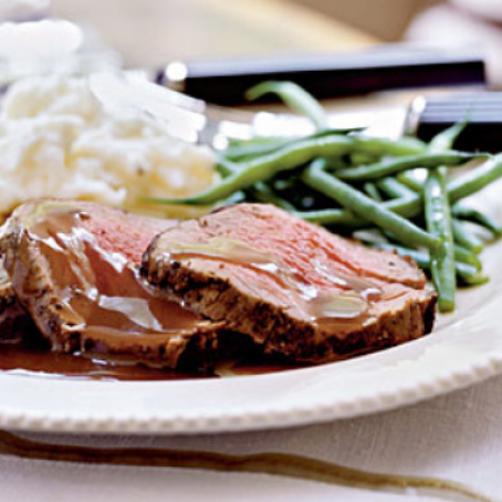 Mixed Peppercorn Beef Tenderloin with Shallot-Port Reduction