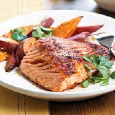 Ancho-glazed Salmon with Sweet Potato Fries
