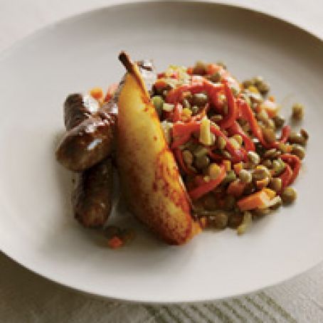 Lamb Sausage with Lentils and Sautéed Pears