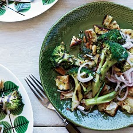 Grilled Broccoli and Bread Salad with Pickled Shallots