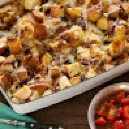 Caramelized Onion, Spinach and Gruyere Cheese Strata with Sauteed Cherry Tomatoes