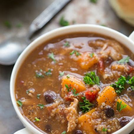 Slow Cooker Sweet potato, chicken, and quinoa soup