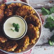 Vegan Corn Zucchini Fritters with Jalapeno Cream
