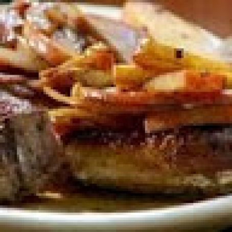 Mashed Sweet Potatoes, Pork Chop with Cider Gravy, Sauteed Apples and Onions