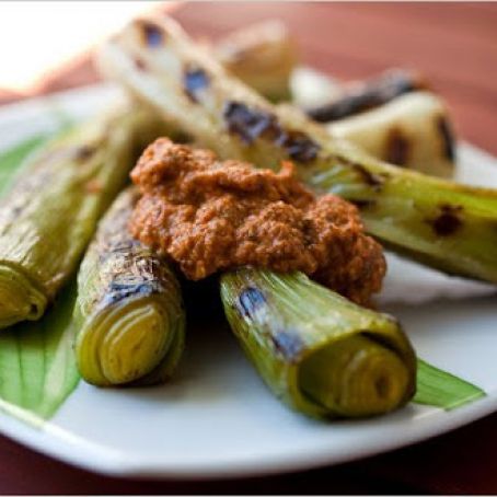 GRILLED LEEKS w/ROMESCO SAUCE