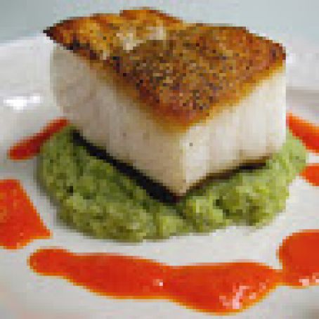 Pan-Fried Sea Bass with Roasted Red Pepper Sauce and Broccoli Puree