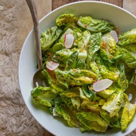 Gem Lettuce with Crème Fraîche, Breakfast Radishes and Toasted Breadcrumbs