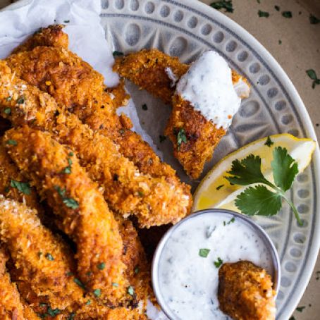 Black Pepper Rub Chicken Fingers with Greek Yogurt Ranch.