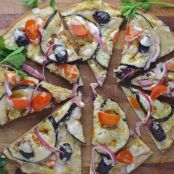 Roasted eggplant and hummus pizza