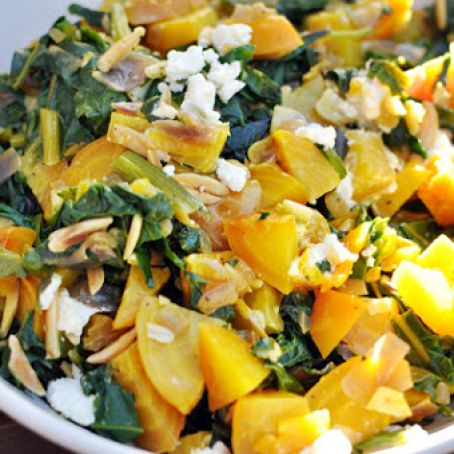 Warm Golden Beet Salad with Greens and Almonds