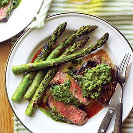Rib-Eye Steaks with Pistachio Butter and Asparagus