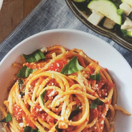 Bucatini Pasta with Marinated Squash and Fresh Mozzarella