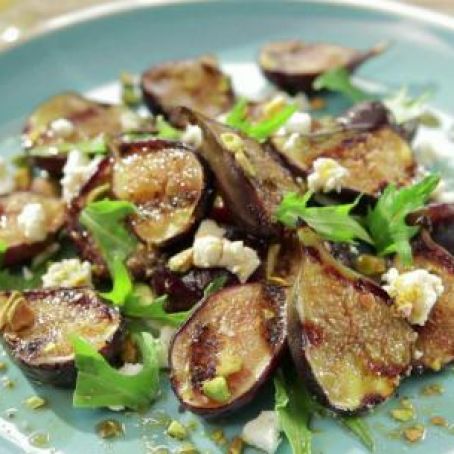 Honey Glazed Grilled Fig Salad with Feta, Pistachio and Mizuna