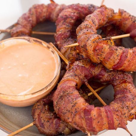 Smoked Bacon Wrapped Onion Rings - Spicy Sriracha Onion Rings