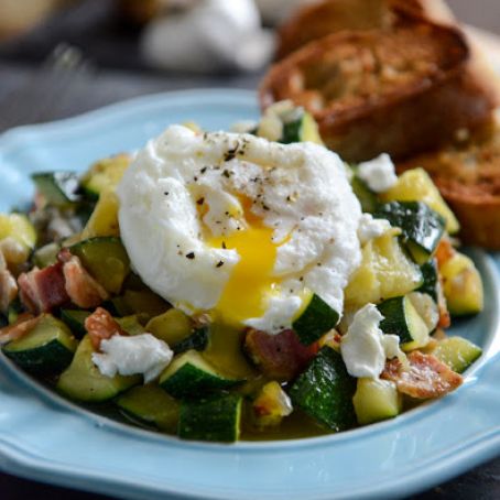 Zucchini Summer Skillet with Poached Eggs + Garlic Brown Butter Baguettes