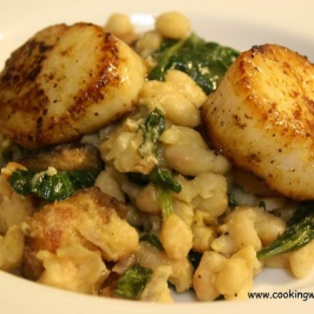 Scallops over Spinach, White Beans & Bulgur