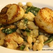 Scallops over Spinach, White Beans & Bulgur
