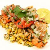 Grilled Street Corn Salad with Cilantro Butter Shrimp, Pico de Gallo and Avocado Purée