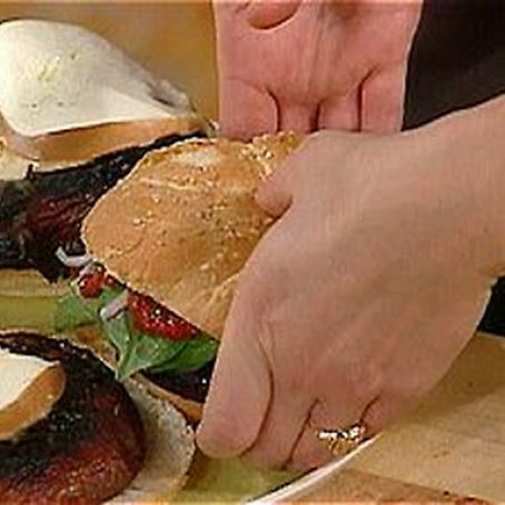 Portobello Burgers with Roasted Pepper Paste and Smoked Mozzarella