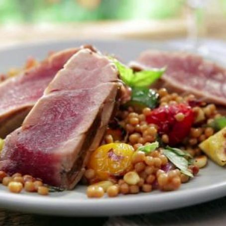 Couscous and Grilled Tuna with Grilled Ratatouille and Deconstructed Pesto