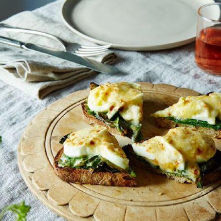 Eggs Gratin Crostini with Swiss Chard