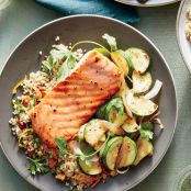 Honey-Dijon & Glazed Salmon with zucchini and herbed bulgar