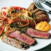 Sesame-Crusted Tuna with Ginger Cream &  Glass Noodle Stir-Fry