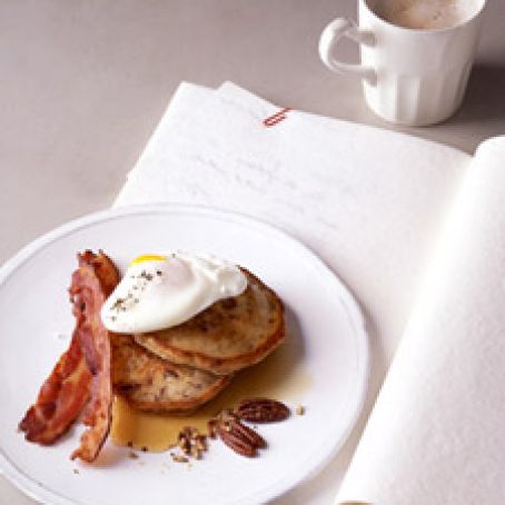 Poached Eggs with Bacon and Toasted Pecan Pancakes
