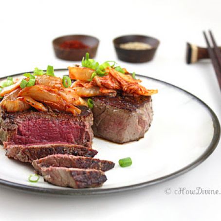 Sautéed Kimchi topped Filet Mignon Recipe
