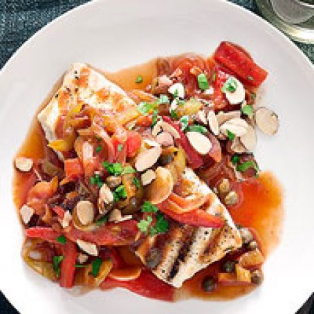 Grilled Halibut Steaks with Peperonata