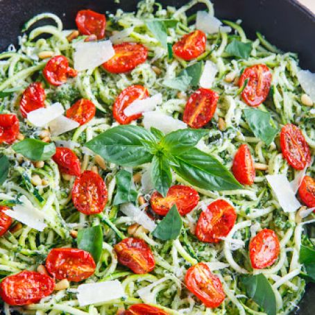 Pesto Zucchini Noodles with Roasted Tomatoes and Grilled Chicken