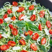 Pesto Zucchini Noodles with Roasted Tomatoes and Grilled Chicken