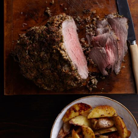 Horseradish-Crusted Beef with Roasted Potatoes and Shallots