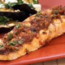 Grilled Salmon w/ sun-dried tomato, Olive, Caper, & Parsley relish