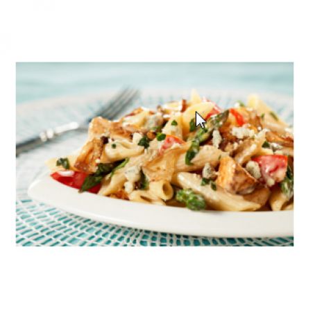 Penne with Grilled Chicken, Gorgonzola, Asparagus and Caramelized Onions