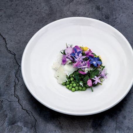 English Peas with Cider Dressing, Goat Cheese and Flowers