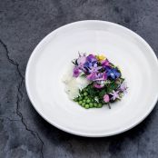 English Peas with Cider Dressing, Goat Cheese and Flowers