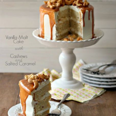 Vanilla Malt Cake with Salted Caramel and Cashews