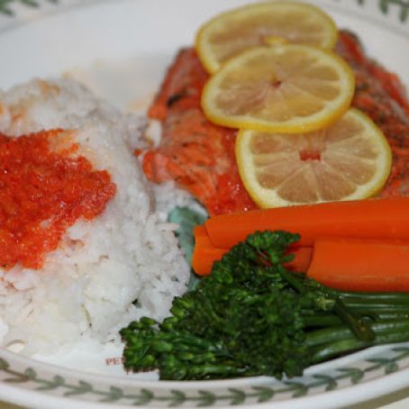 Broiled Salmon with Rice, Red Pepper Sauce, Broccolini, Pineapple and Blueberries