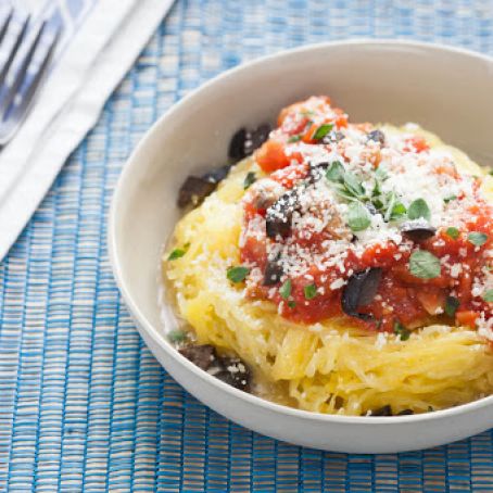 Roasted Spaghetti Squash with Marinara Sauce & Black Cerignola Olives